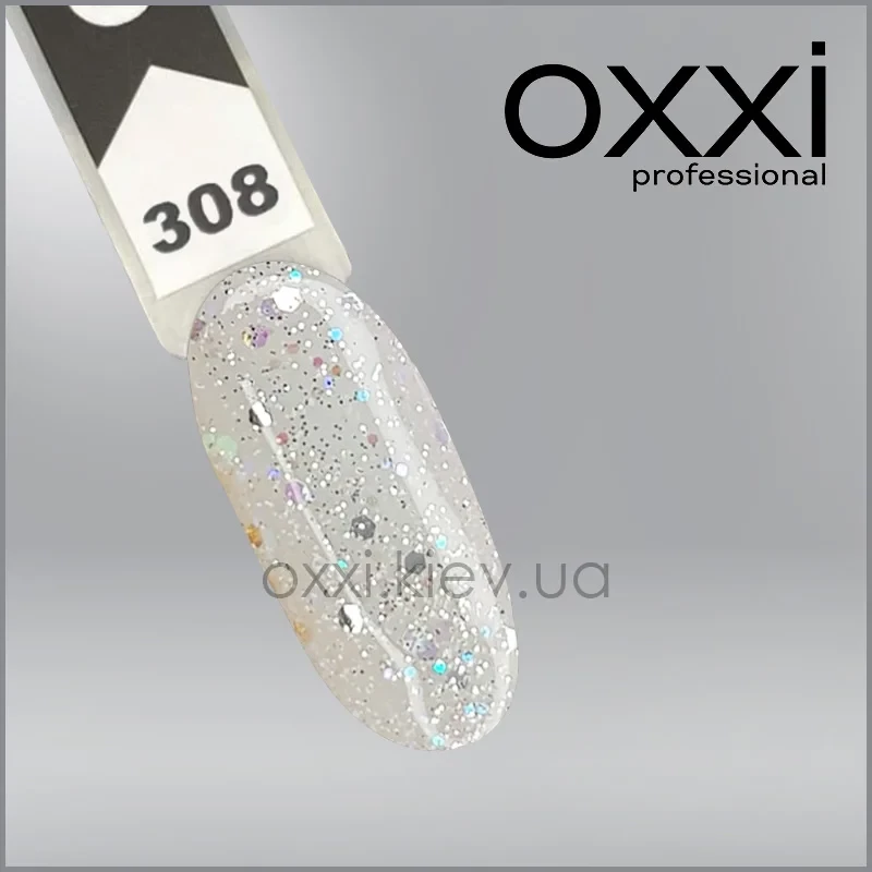 ГЕЛЬ-ЛАК OXXI 308, СЕРЕБРИСТІ І ГОЛОГРАФІЧНІ БЛЕСТКИ І КОНФЕТТІ, 10МЛ